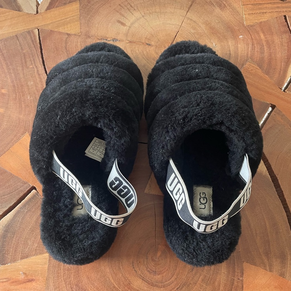 UGG Black Fluffy Slippers